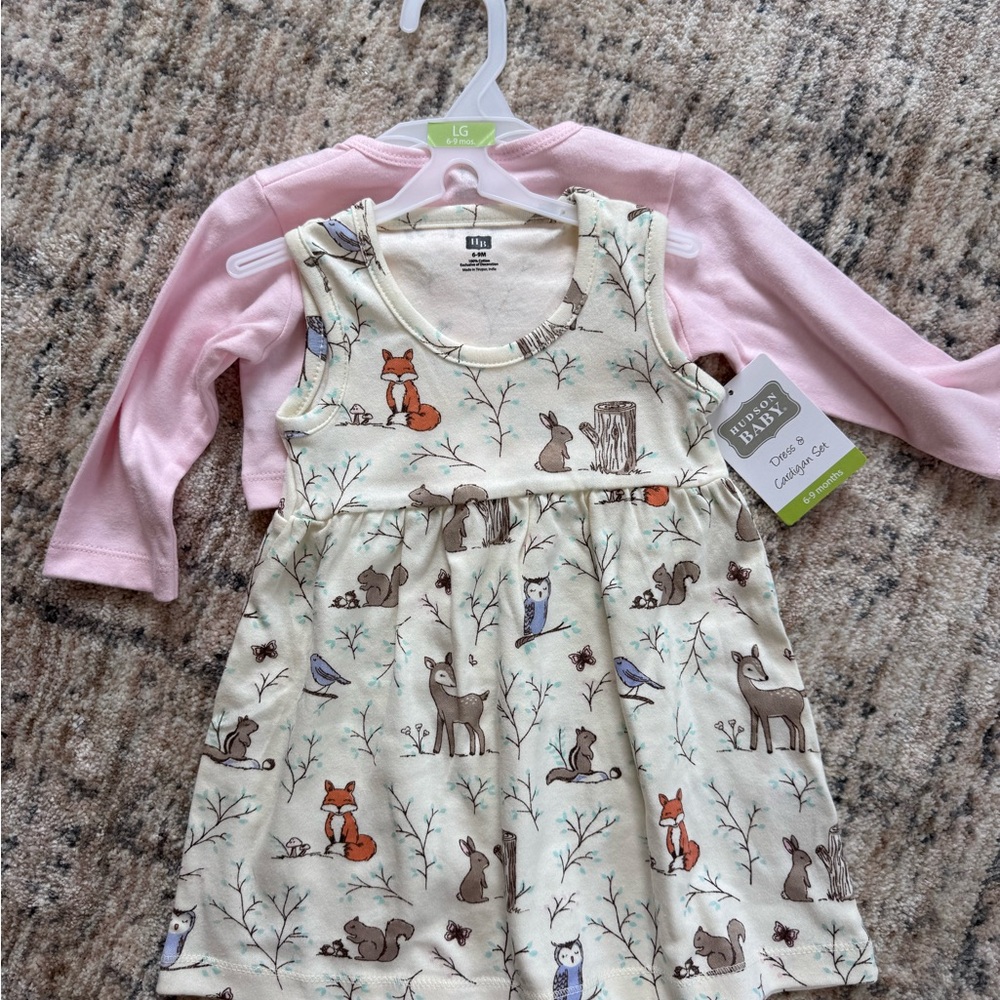 Hudson Baby Cream Dress with Pink Cardigan Set